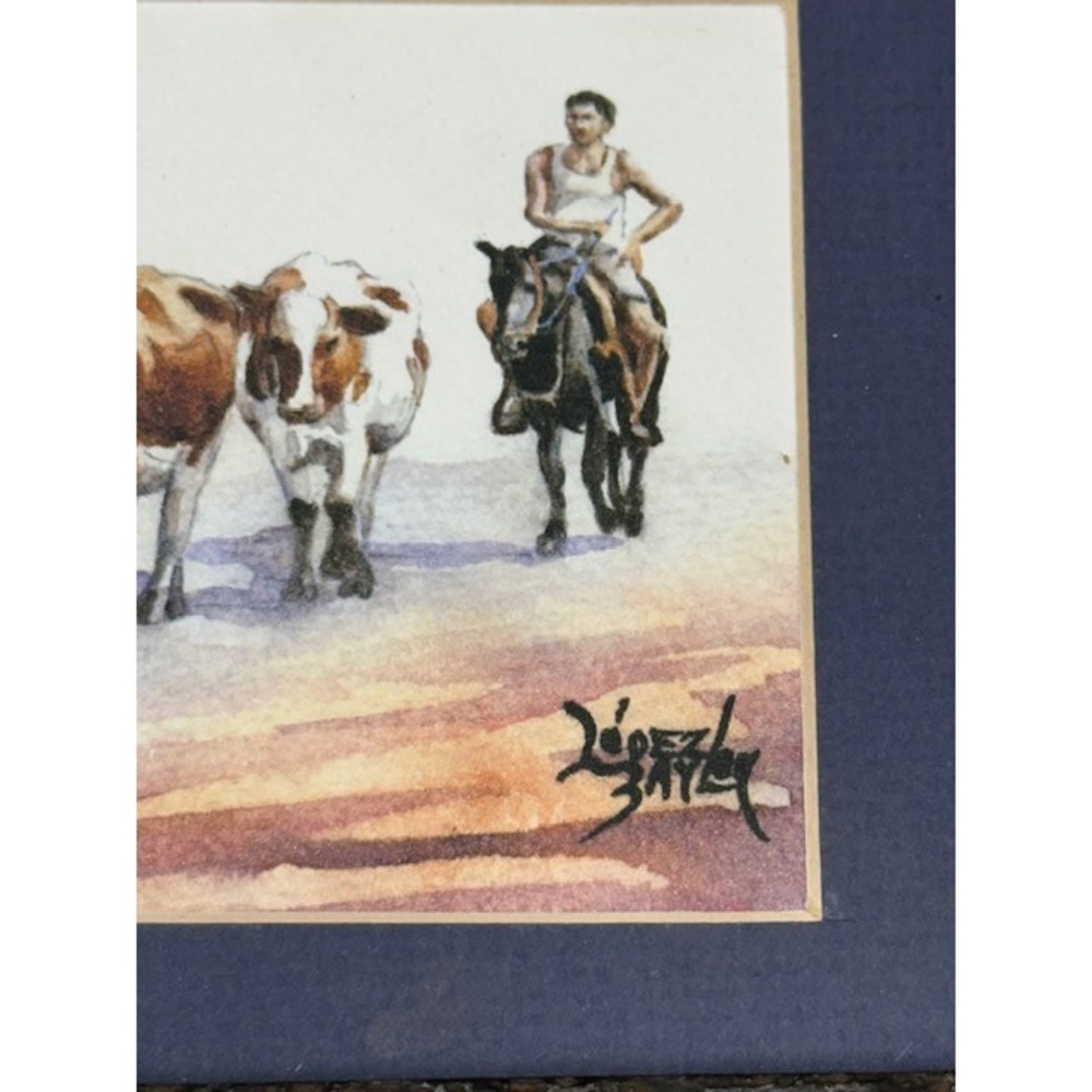 Lopez Baylon Watercolor Painting Cowboy Cattle Herd Rustic Western Framed Art - Picture 6 of 7